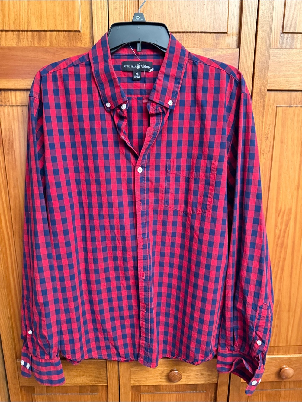 Beverly Hills Polo Club Red and Navy Check Button-Down Shirt new size large